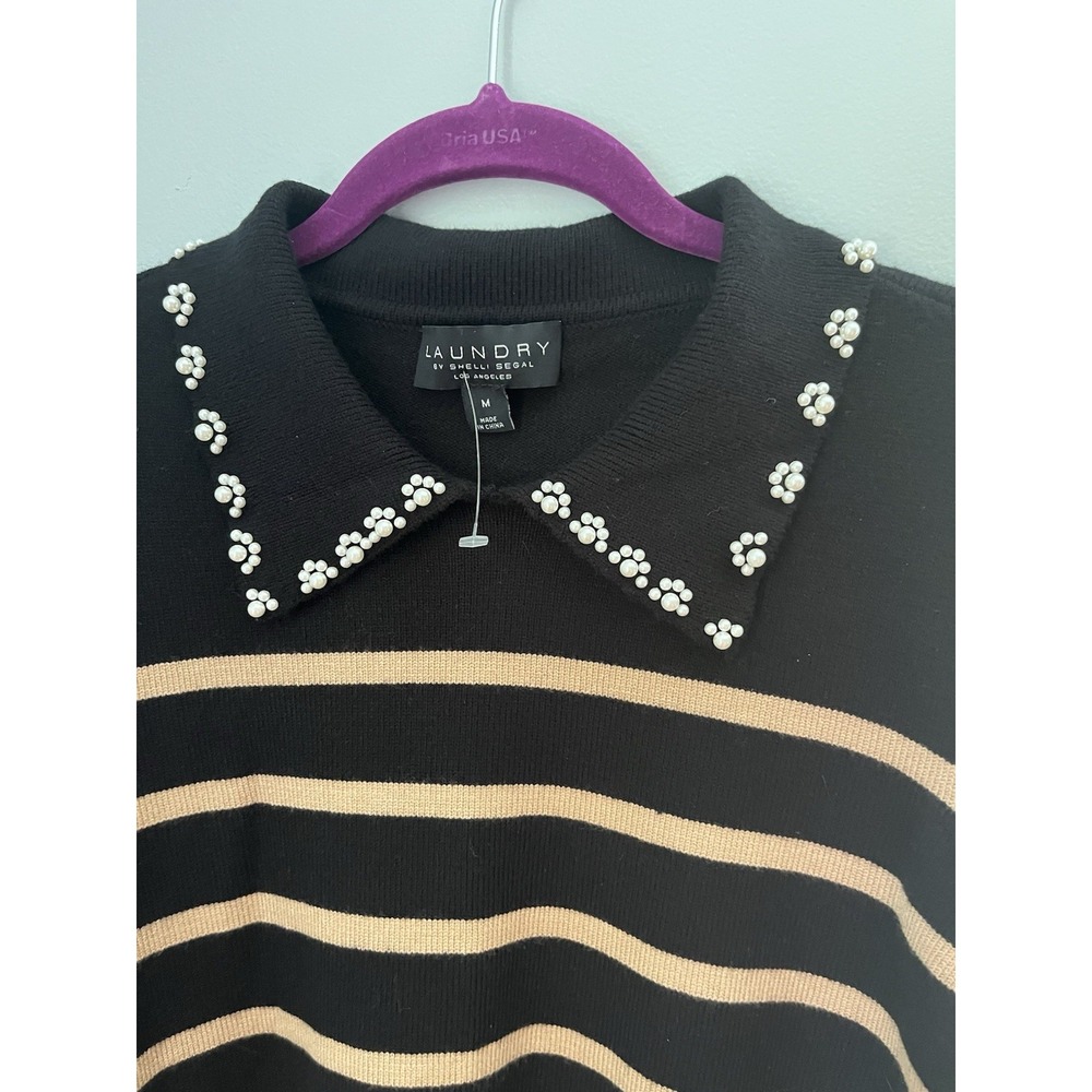 Laundry by Shelli Segal Women Pullover Sweater M Black/Beige Striped Beaded - Picture 3 of 8